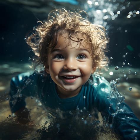 Premium Ai Image Adorable Baby Swiming Underwater Diving Young Swim Water