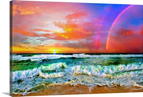 Beach Rainbow Colorful Ocean Wave Sunset Wall Art Canvas Prints