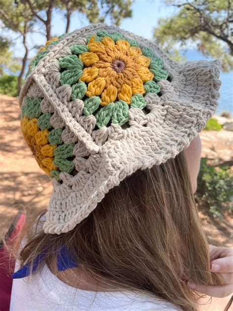 Sunflower Crochet Bucket Hat Knitted Sun Hat Granny Square Etsy