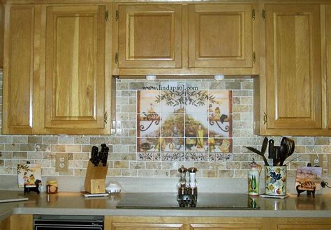 Tile artist julia sweda creates beautiful hand painted ceramic kitchen murals and decorative backsplash tile paintings with themes of italian, tuscany or mediterranean wine country, vineyards, olive orchards etc. 24" x 18" on 6x6" marble tile