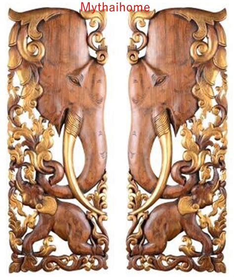 2 X 3ft 35 Brown Gold Pair Teak Wood Carve Carved Etsy Elephant
