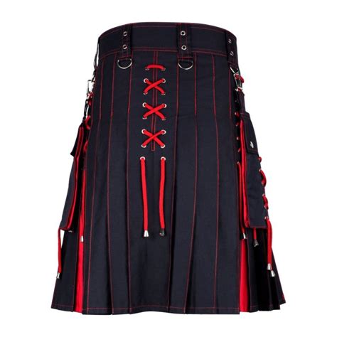 Mens Two Tone Red And Black Utility Cotton Kilt With Detachable