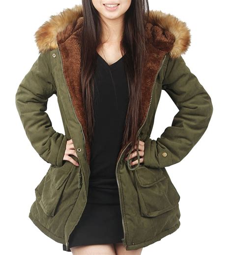 4How Womens Parka Jacket Hooded Winter Coats Faux Fur Coat Outdoor Army ...