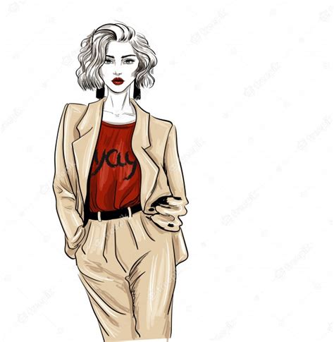 Premium Vector Biege Suit Trendy Woman Look Fashion Sketch