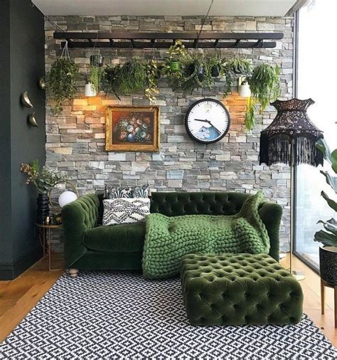 Green Nature Inspired Dark Bohemian Living Room