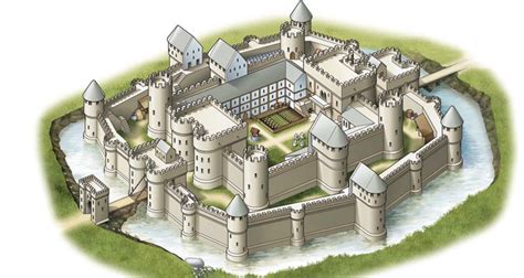 On the next page we look at an enlarged version of this plan and look at some of the more important points in this design. Use this image to teach the parts of a castle. | Medieval castle layout, Castle layout, Fantasy ...