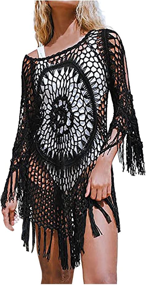 Womens Cover Ups Crochet Hollow Out Tassel Lace Swimsuit Solid Colour Crochet Swimwear Overall