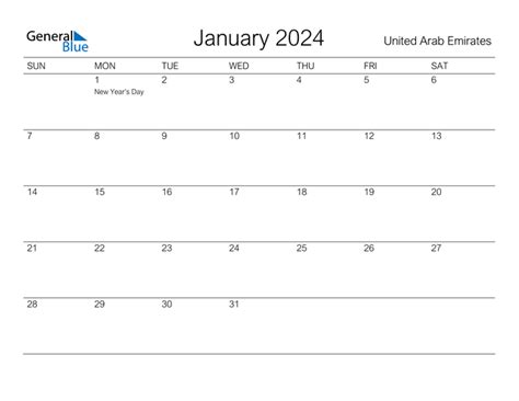January 2024 Calendar With United Arab Emirates Holidays