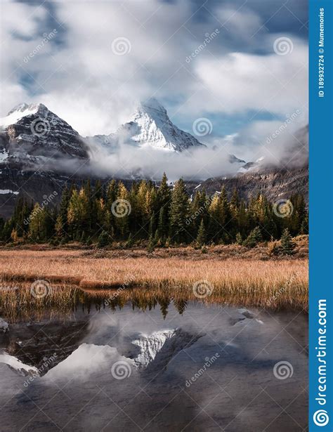 Mount Assiniboine With Autumn Forest Reflection On Lake Magog At
