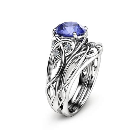 Natural Tanzanite Unique Engagement Rings 14k White Gold Ring Etsy