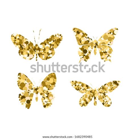 Set Gold Glitter Butterflies Beautiful Spring Stock Illustration
