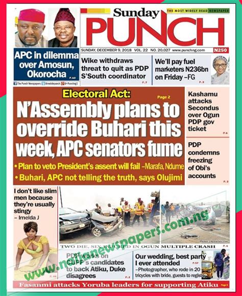 nigerian newspapers front page headlines sunday 9th december 2018 politics nigeria