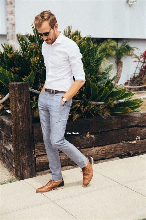 In this case, the green pants look a but lighter green pants give such a comfy outfit a bit of pizzazz, without looking like the man wearing them is trying too hard. grey pants, a white shirt and brown leather shoes | Mens ...