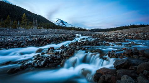 Nature Landscape Waterfall Rock Stones Long Exposure Trees Forest Mountain Snow Stream