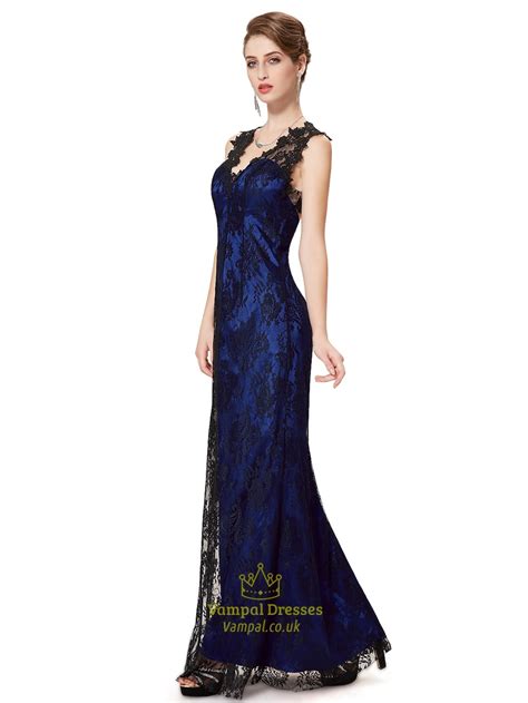 Royal Blue And Black V Neck Lace Overlay Prom Dresses With Keyhole Back