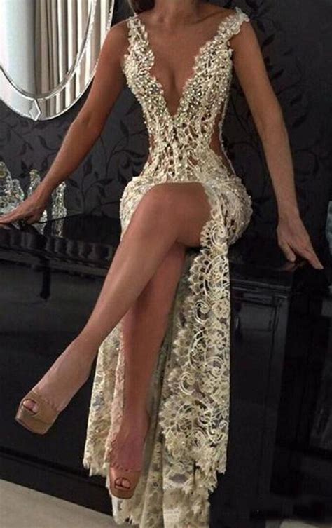 Modest Sexy Deep Plunge V Neck Mermaid Prom Dress Evening Party Gowns Full Lace Beads Crystal