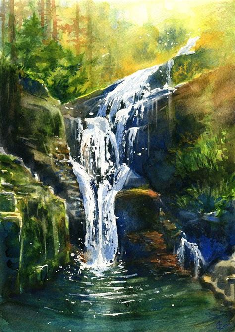 Waterfall Kamienczyka Landscape Paintings Watercolor Landscape