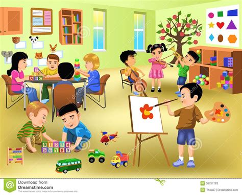 Kids Doing Different Activities In Kindergarten Stock Photos