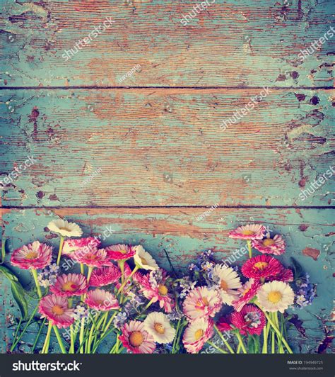 Summer Colorful Flowers On Vintage Wooden Background Flowery