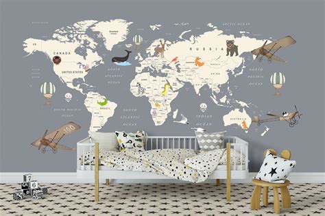 Kids Room World Map Wallpaper Cartoon Animals Nursery Wall Etsy