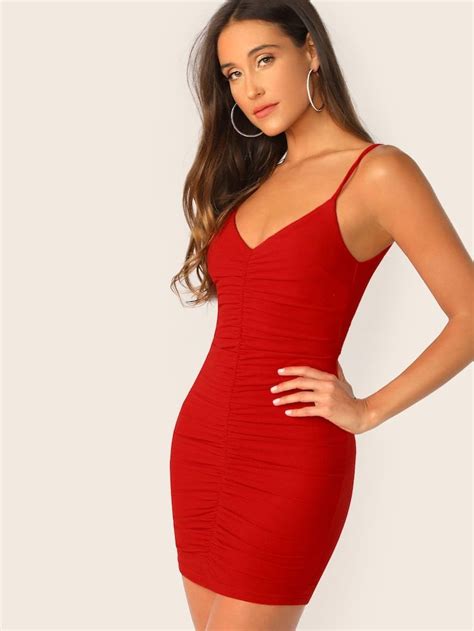 Solid Ruched Bodycon Slip Dress Long Sleeve Tee Dress Bodycon Slip Dress