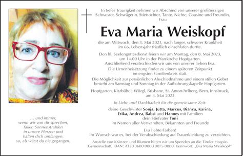 Traueranzeige Von Eva Maria Weiskopf Vom 03052023 Tiroler Tageszeitung