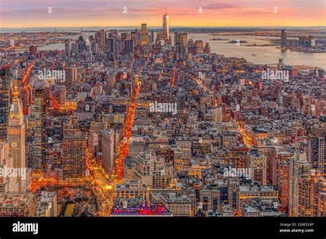 Aerial New York City Sunset View From Above To The Illuminated Lower