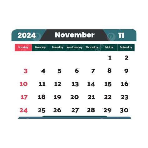 Calendário Mensal Novembro De 2024 Com Transparente Vetor Png