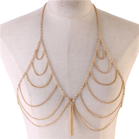 Gold Draped Bra Body Chain Jewelry With Tassel