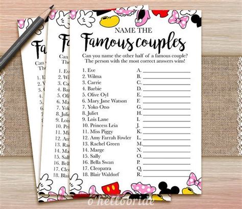 Name The Famous Couple Game Printable Disney Bridal Shower Game