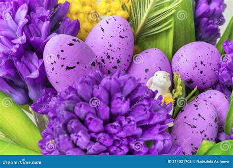 Easter Bouquet With Spring Flowers Cute Rabbit Violet Easter Eggs
