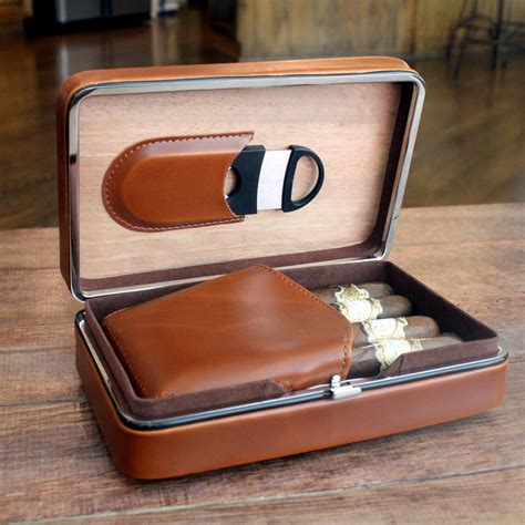 Executive Brown Leather Cigar Case With Cutter Personalized Groomsmen