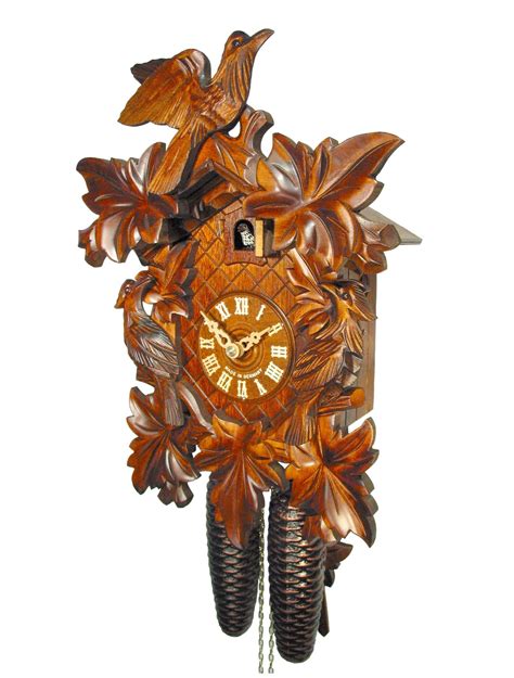 Carved 8 Day Cuckoo Clock With Three Birds And Seven Leaves 35cm By Au