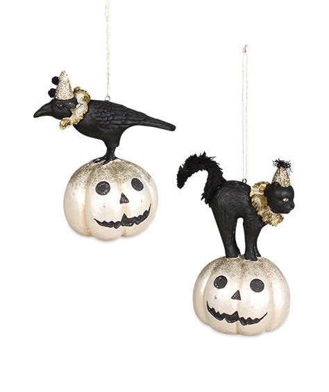 All Hallows Eve Crow And Cat On Pumpkin Ornaments Black White And Gold