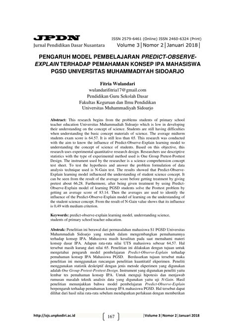 Pdf Pengaruh Model Pembelajaran Predict Observe Explain Terhadap