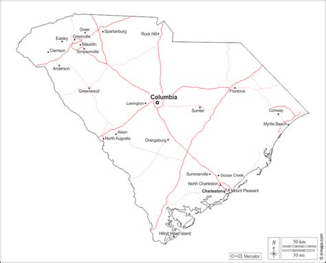 South Carolina Free Map Free Blank Map Free Outline Map Free Base Map Outline Main Cities