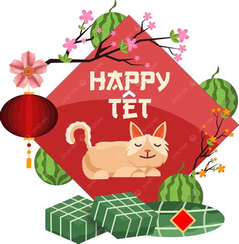 설날 Tet 2023 귀여운 고양이 쌀 수박 꽃 베트남 축제 달의 테트 2023년 Png 일러스트 및 Psd 이미지 무료 다운로드 Pngtree