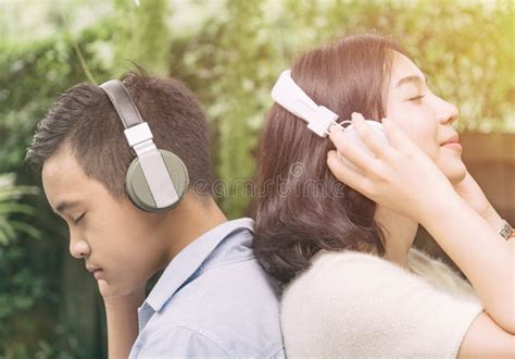 Young Couple Listening Music Form Headphone Stock Photo Image Of