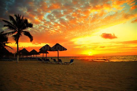 Sunset Scene At Tropical Beach Resort Stock Photo Image