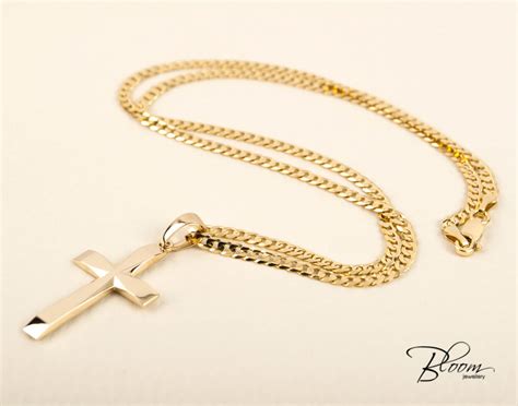 Mens Cross Necklace 14k Solid Gold Cross And Curb Chain Cross Etsy