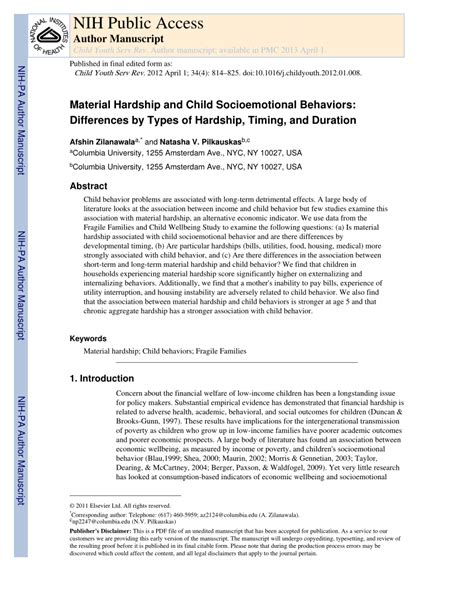 Pdf Material Hardship And Child Socioemotional Behaviors Differences