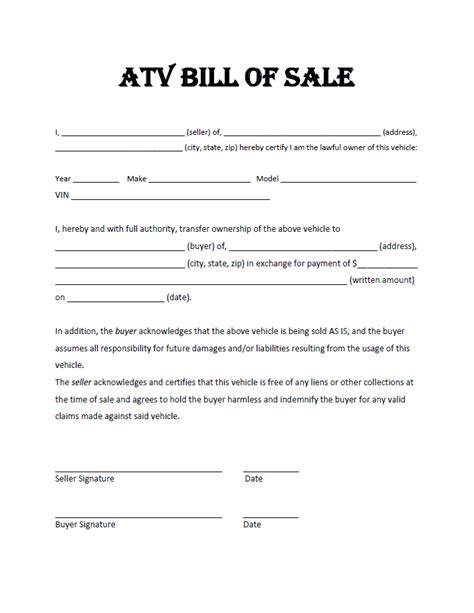 Free Atv Bill Of Sale Template Printable Templates