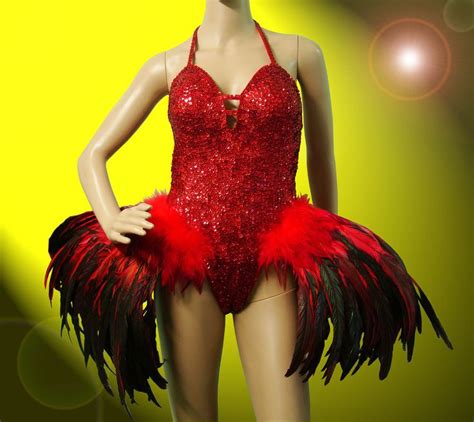 Showgirl Cabaret Drag Queen Red Sequin With Feather Dance Dress