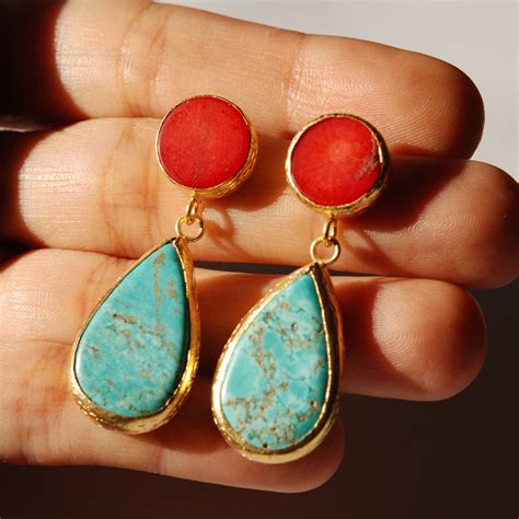 Turquoise And Coral Earrings Made With Sterling Silver Coated Etsy