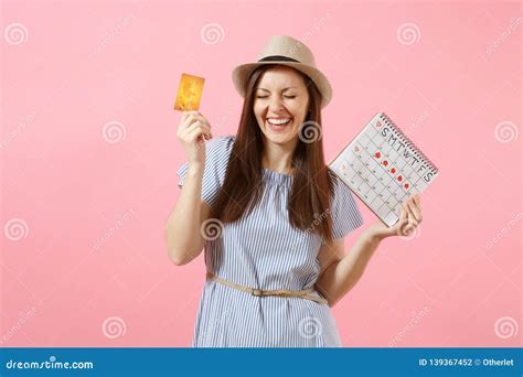 Portrait Of Happy Woman In Blue Dress Hat Holding Credit Card Periods