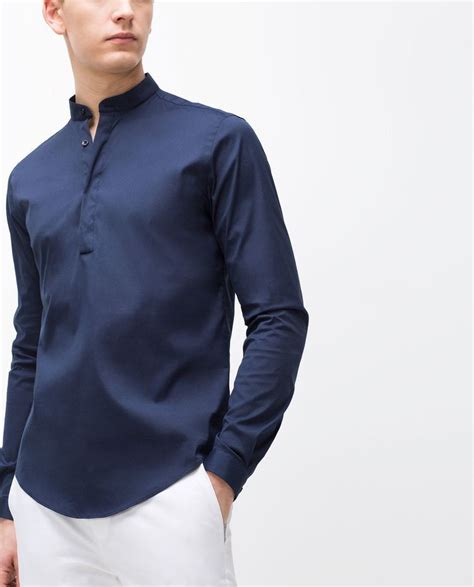 Nice Style Details Blue Chinese Collar Shirt Chinese Collar Shirt