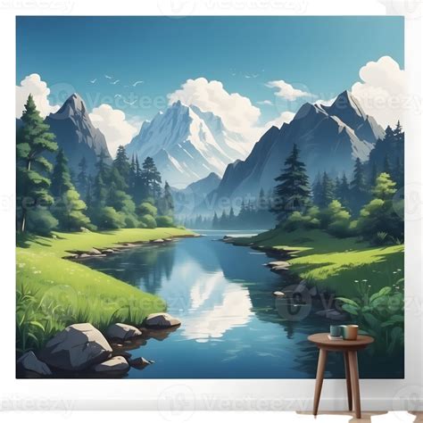 Ai Generated A Cartoon Mountain River With Trees And Rocks 35093708 Png