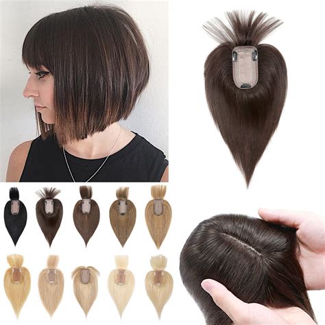 S Noilite 6inch Clip In Hair Toppers With Bangs Human Hair 150 Density Silk Base