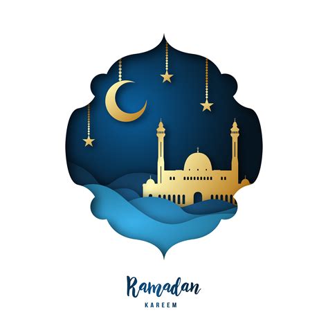 Ramadan Kareem illustration with arabic Gold Origami Mosque, Crescent ...