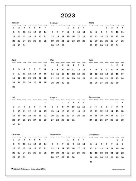 2023 Kalender For Utskrift “33sl” Michel Zbinden No